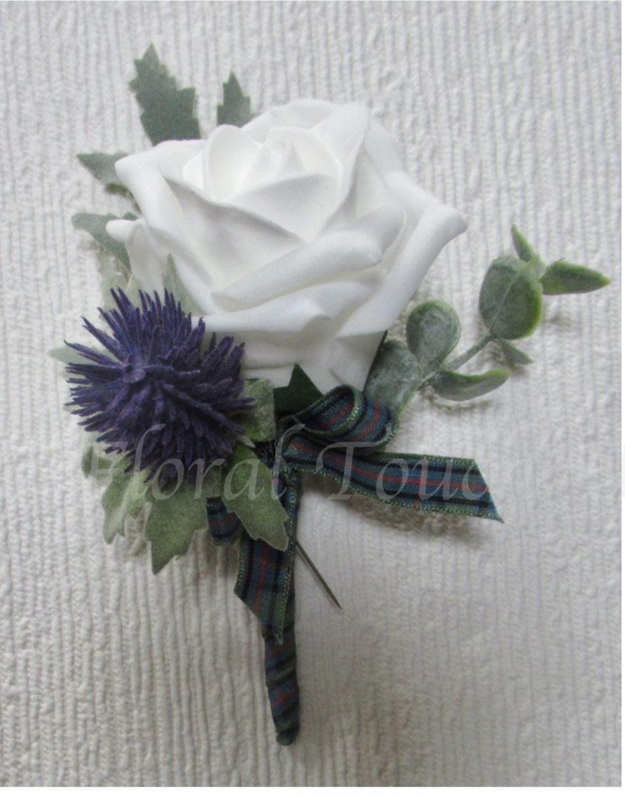 Thistle & White Rose Buttonhole, Scottish Inspired Wedding Flowers